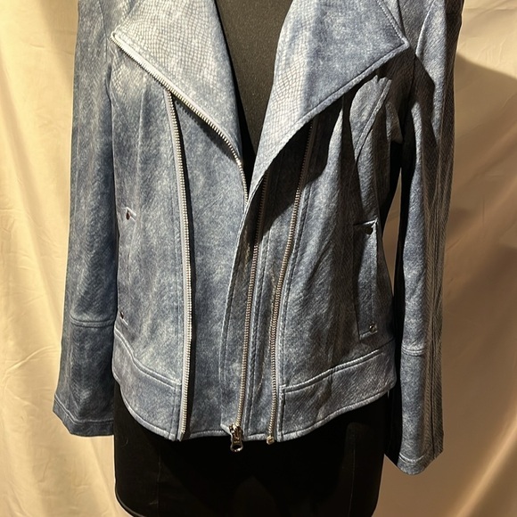 Medium blue double breasted zipper leather jacket snakeskin pattern nwt dressy - Picture 10 of 15